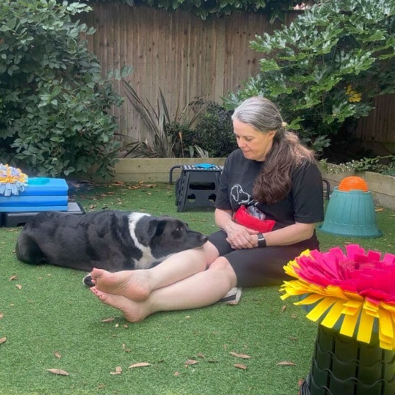 Woman sitting with dog resting his face on her legs.