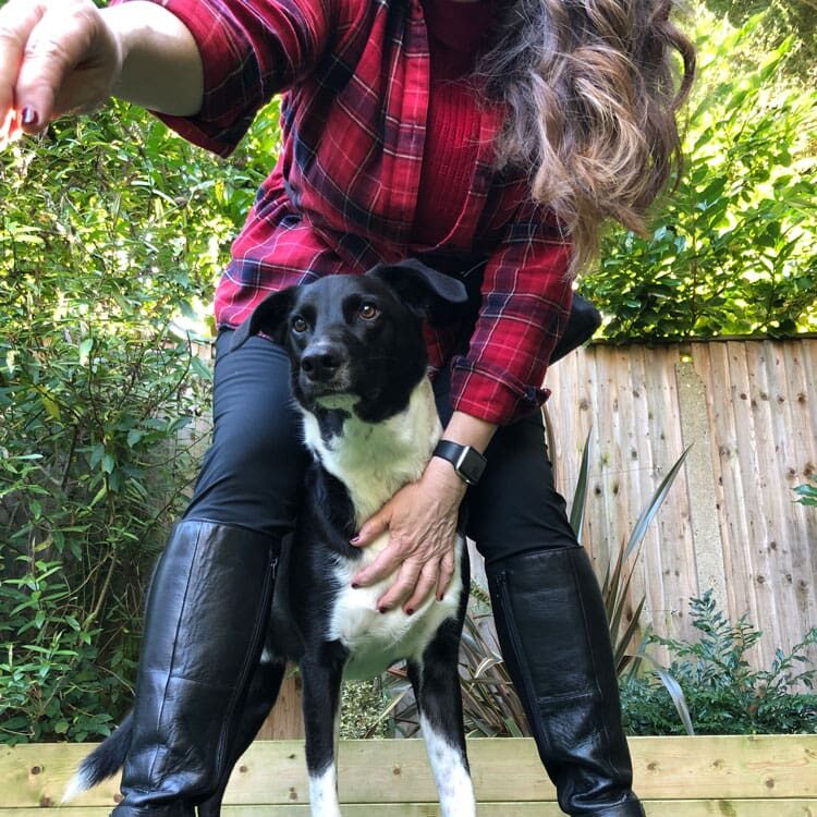 Woman holding dog on his chest.